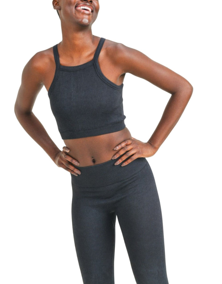 Mono B Square Ribbed Crop Top AT3031 - Black - Front View