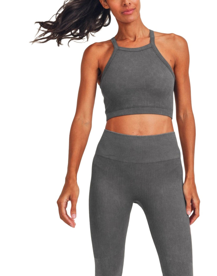 Mono B Square Ribbed Crop Top AT3031 - Grey - Front View