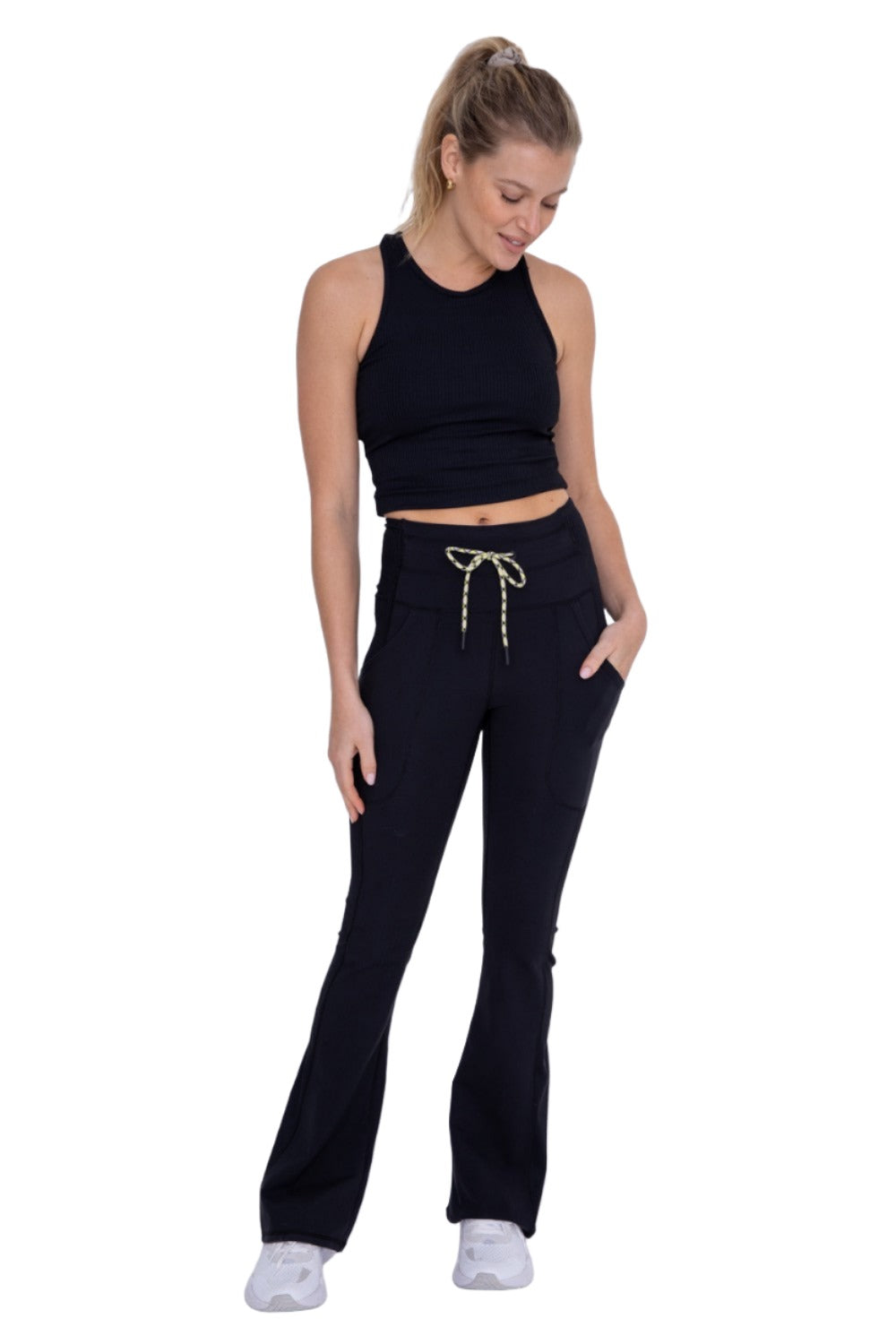 Mono B Drawstring Waist Flared Hiking Leggings APH8203 - Black - Front Full View