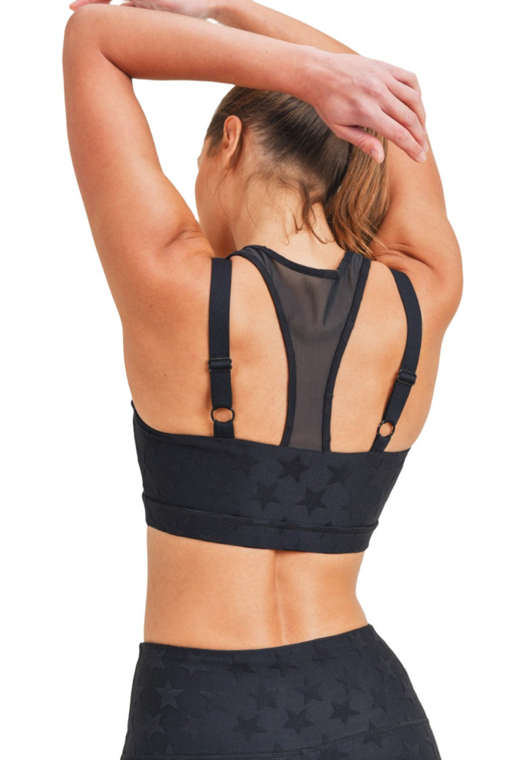 Mono B Textured Star Jacquard TACTEL® Sports Bra AT8075 - Black - Back Rear View