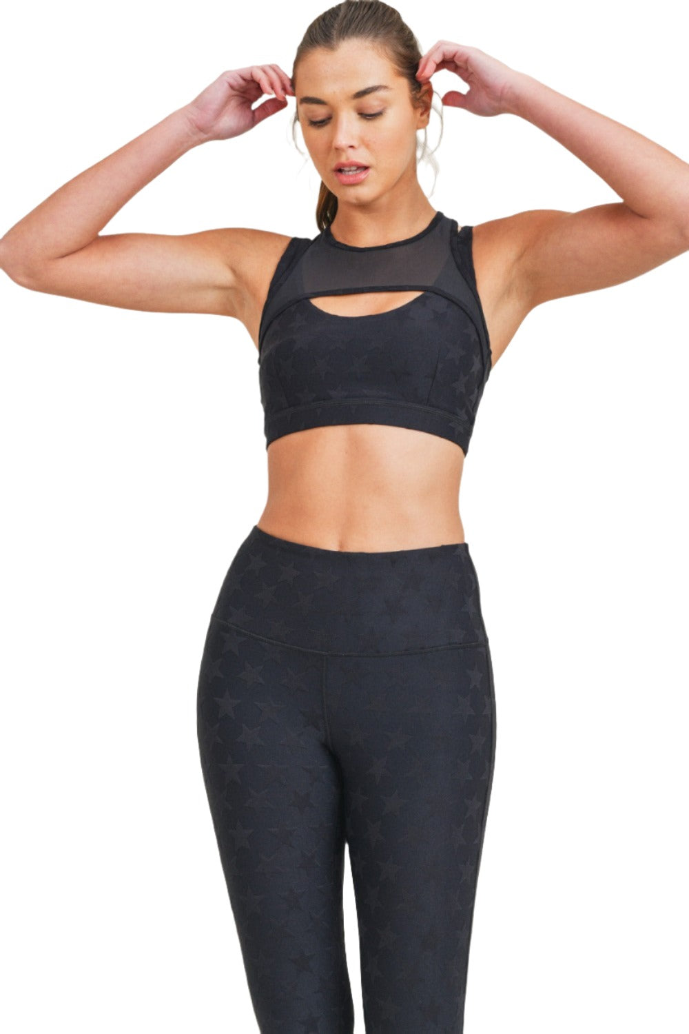 Mono B Textured Star Jacquard TACTEL® Sports Bra AT8075 - Black - Front View