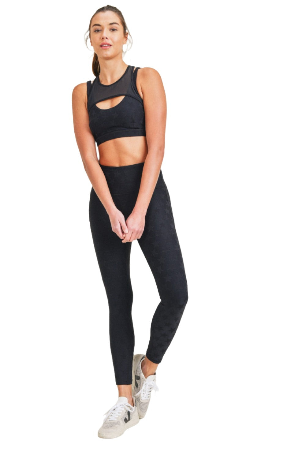 Mono B Textured Star Jacquard TACTEL® Sports Bra AT8075 - Black - Front Full View