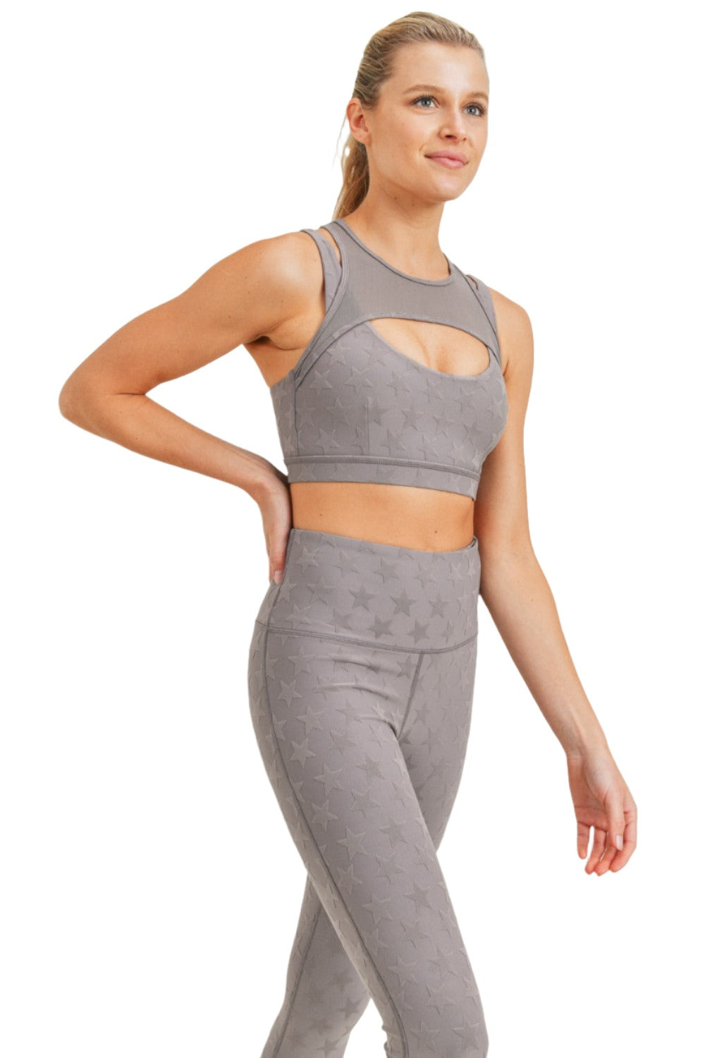 Mono B Textured Star Jacquard TACTEL® Sports Bra AT8075 - Grey - Side View
