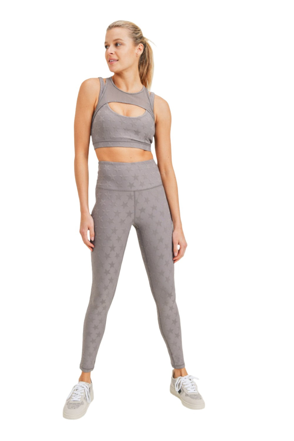 Mono B Textured Star Jacquard TACTEL® Sports Bra AT8075 - Grey - Front Full View