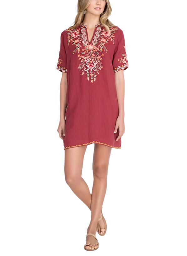 Johnny Was Alise Easy V Neck Dress - Maroon - front view