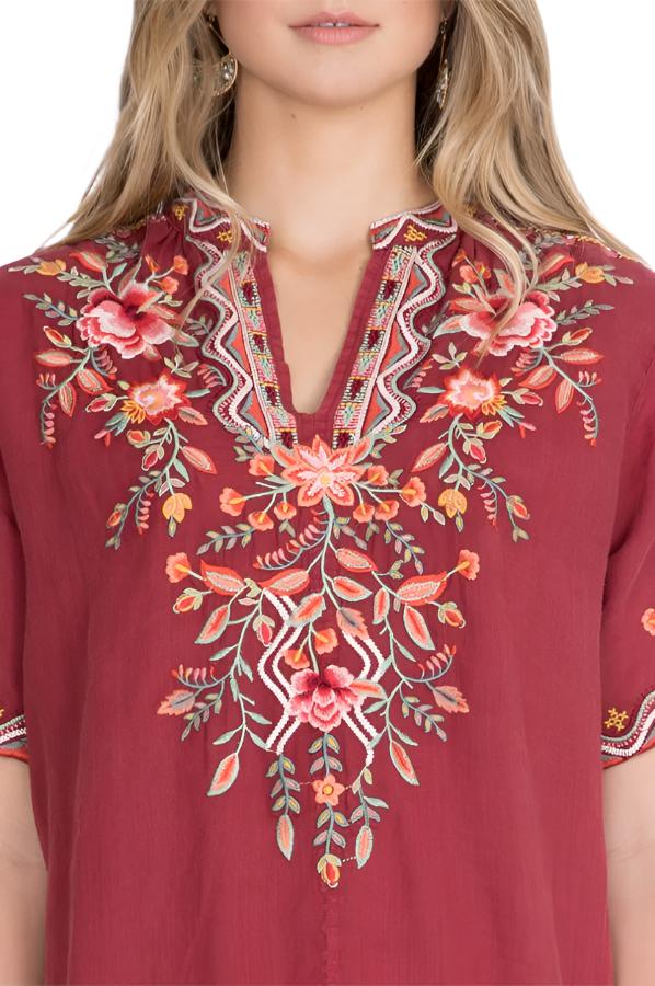 Johnny Was Alise Easy V Neck Dress - Maroon - close view