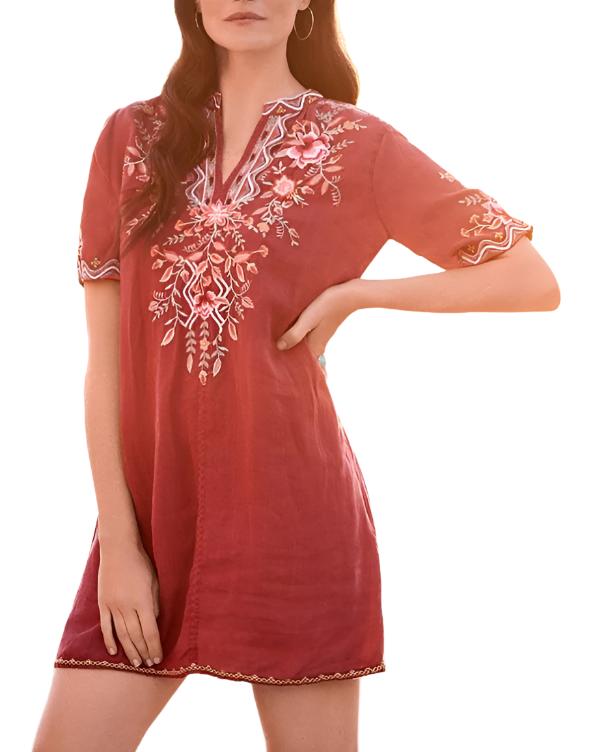 Johnny Was Alise Easy V Neck Dress - Maroon - front alt view 2