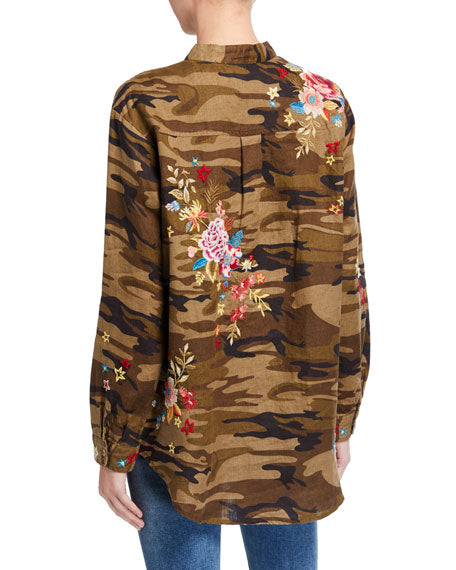 Johnny Was Amara Mandarin Collar Shirt -  Moss Camo JW - rear view