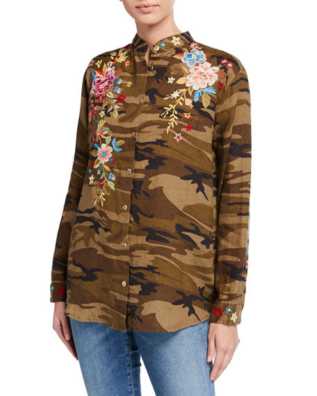 Johnny Was Amara Mandarin Collar Shirt -  Moss Camo JW - front view