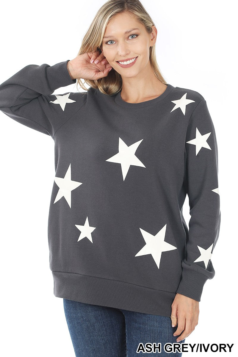 OT-35026 Zenana Star Pattern Sweatshirt - Grey - front view