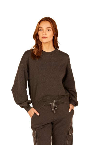 Vintage Havana Pleated Sleeve Crew B8928 - Black - front view