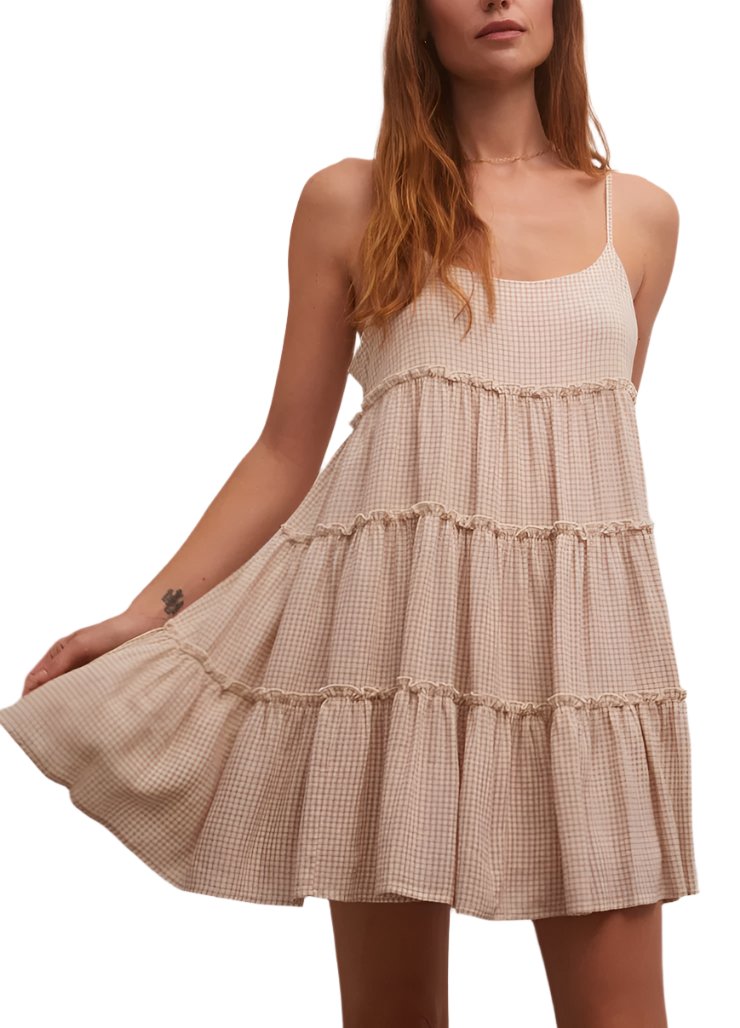 Z Supply Carina Gingham Mini Dress - Adobe White - Front View
