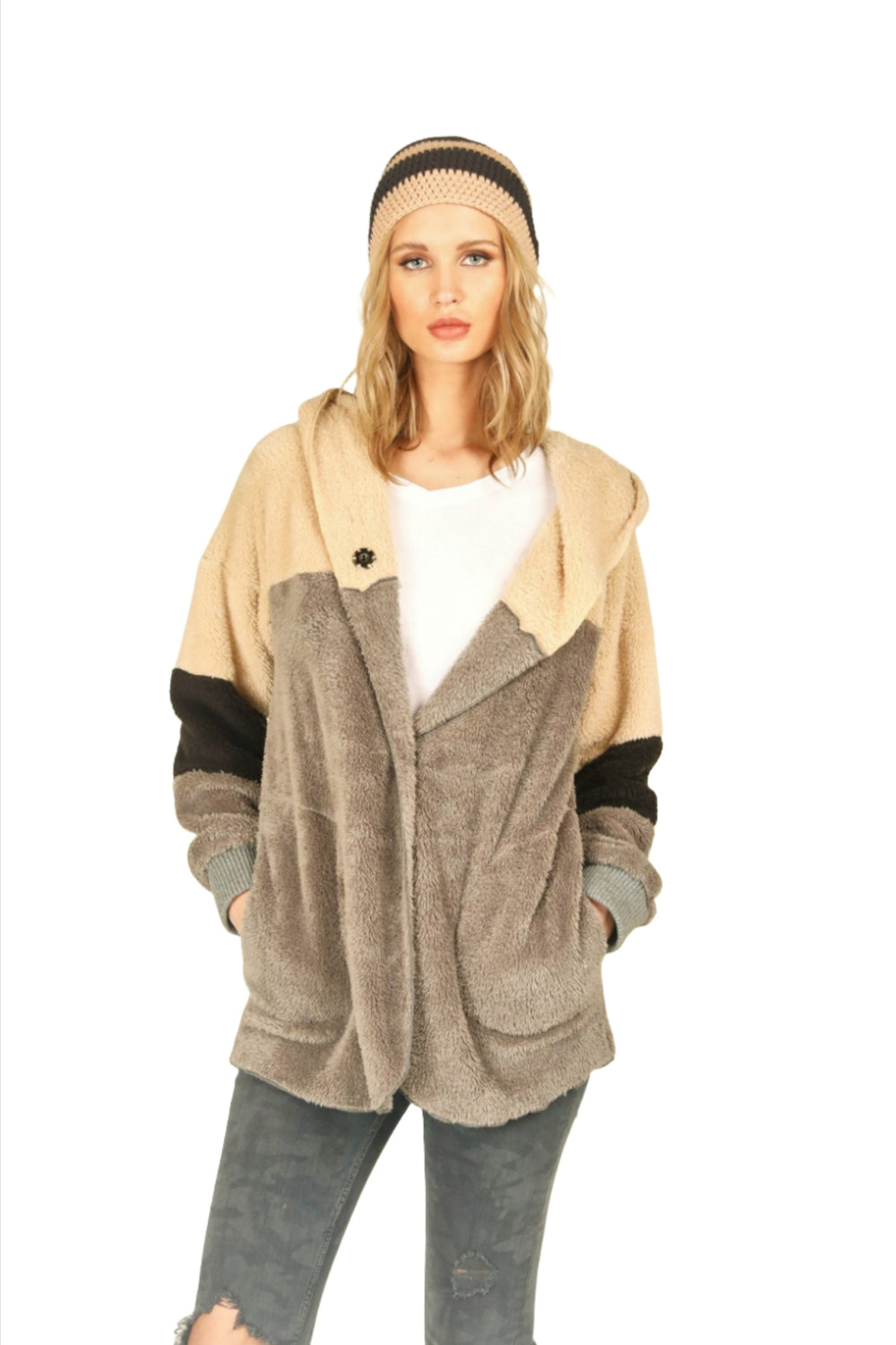 Vintage Havana/Ocean Fuzzy Wrap Sweater CC7874 - camel -  front alt view