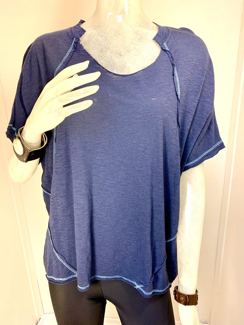 TLA Oversized Topstitched Tee with Cut Neck Navy  - front view