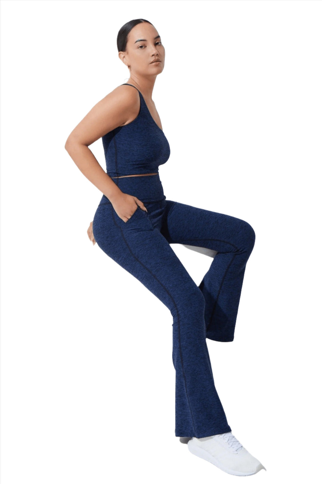 FINAL SALE! Noli Curve Flair Legging - Navy Heather - Side Sitting View