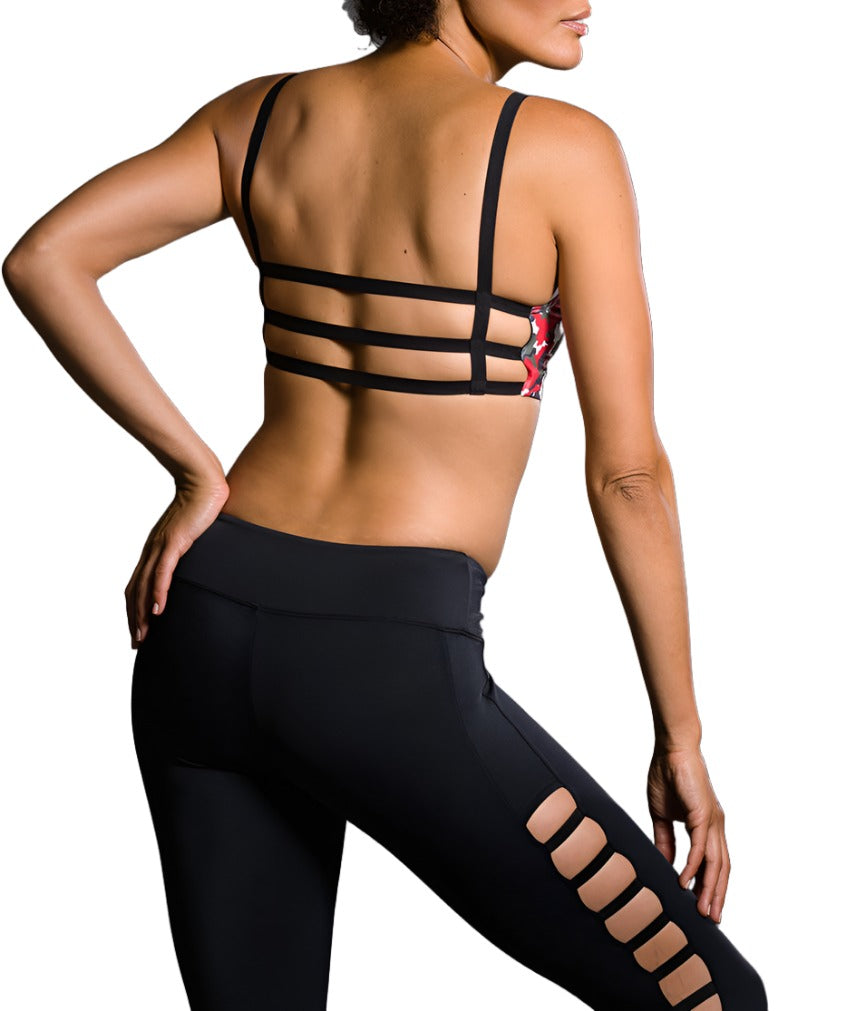 Onzie Hot Yoga Elastic Cage Bra Top 316 - Red Camo - rear view