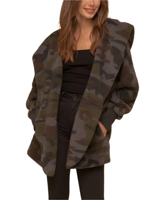Hem & Thread Camo Print Fur Open Jacket 8433F -  front alt view