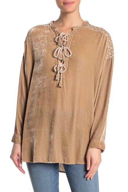 Johnny Was Halle Velvet Embroidered Blouse - Beige - Front View