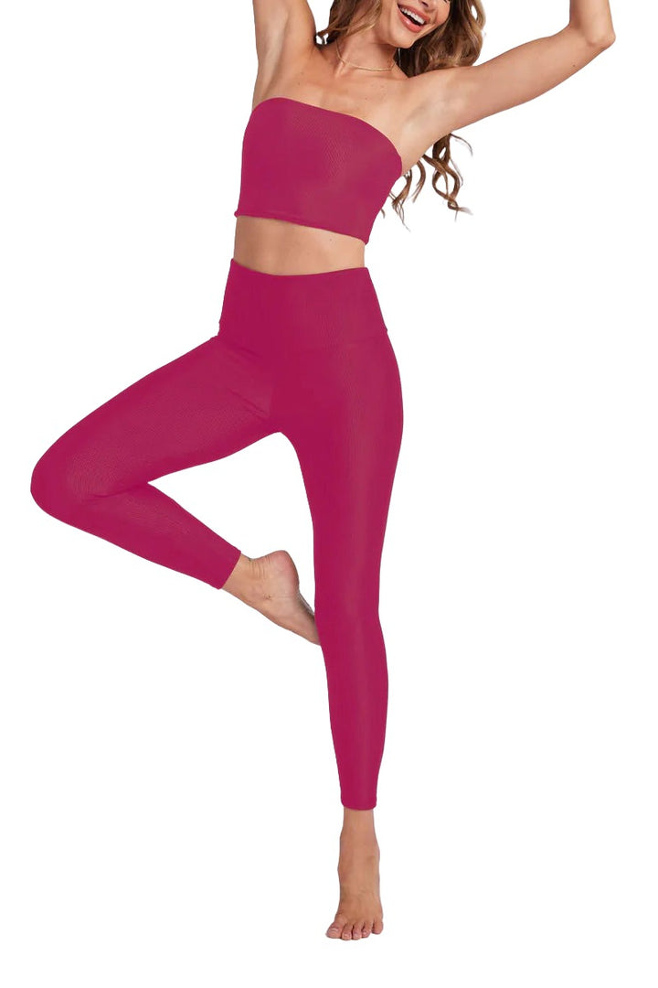 Onzie Hot Yoga High Rise Ribbed Midi 2250 - Boysenberry Rib - Full Rear View