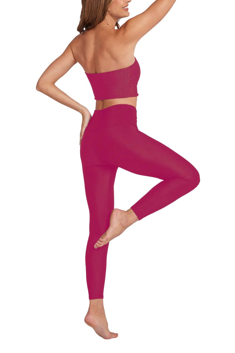 Onzie Hot Yoga High Rise Ribbed Midi 2250 - Boysenberry Rib - Rear View