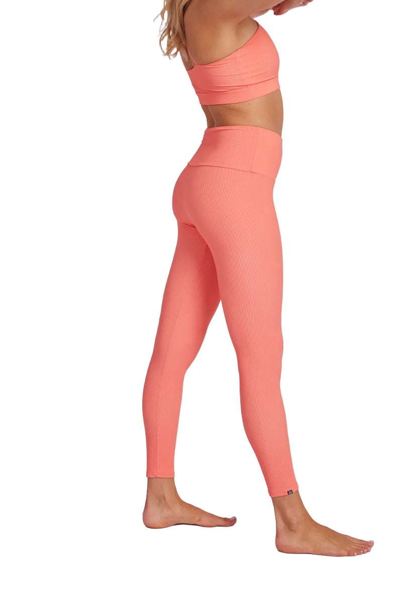 Onzie Hot Yoga High Rise Ribbed Midi 2250 - Peach Punch Rib - Side View