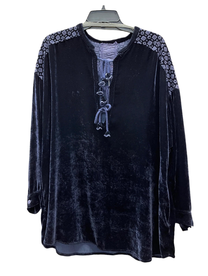 Johnny Was Halle Velvet Embroidered Blouse - Navy - Front View