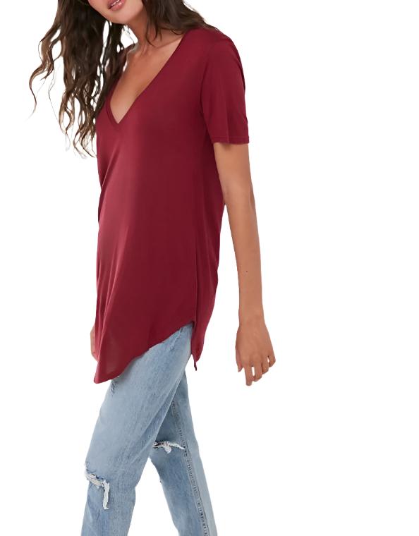 Truly Madly Deeply Deep V Tee Shirt - Maroon - front alt view 3