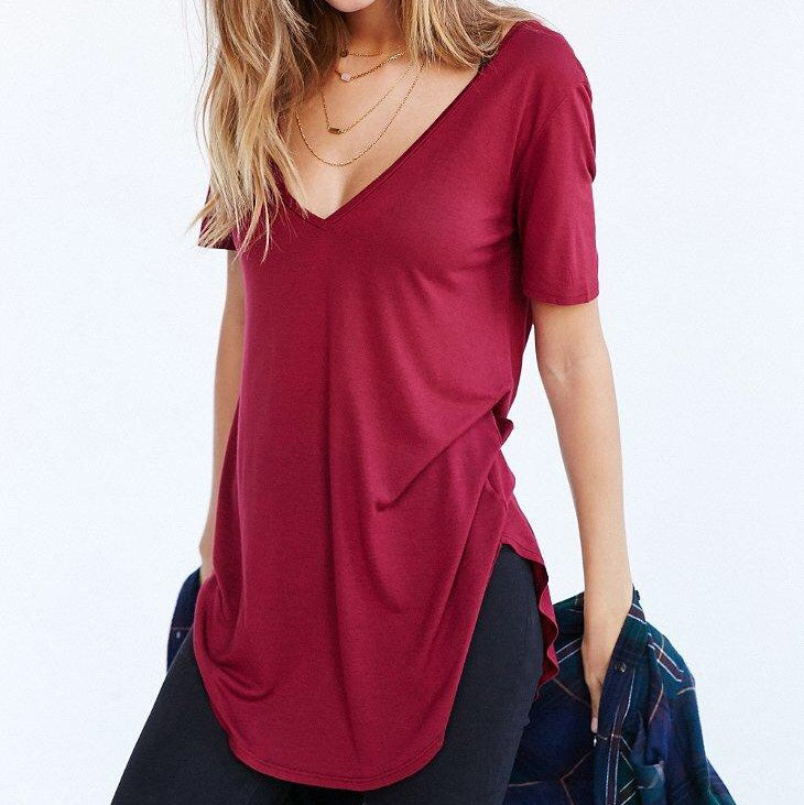 Truly Madly Deeply Deep V Tee Shirt - Maroon - front alt view 2