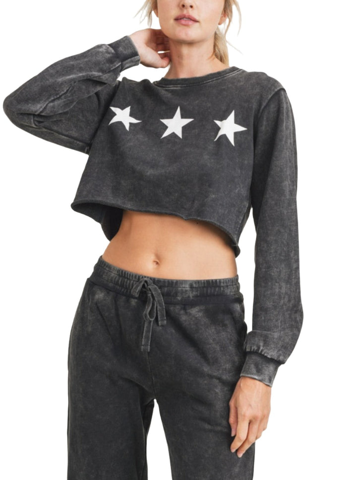 Mono B Triple Stars Terry Cropped Hoodie KT11612 - Black - Front View