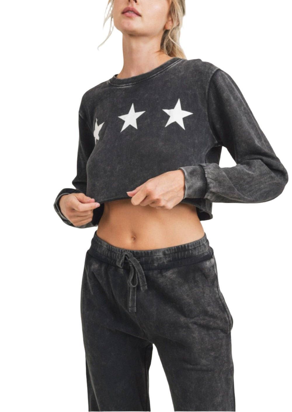 Mono B Triple Stars Terry Cropped Hoodie KT11612 - Black - Front View