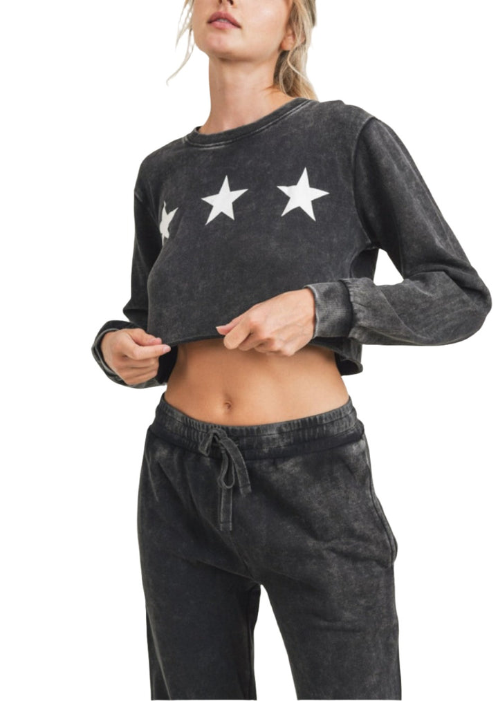 Mono B Triple Stars Terry Cropped Hoodie KT11612 - Black - Front View
