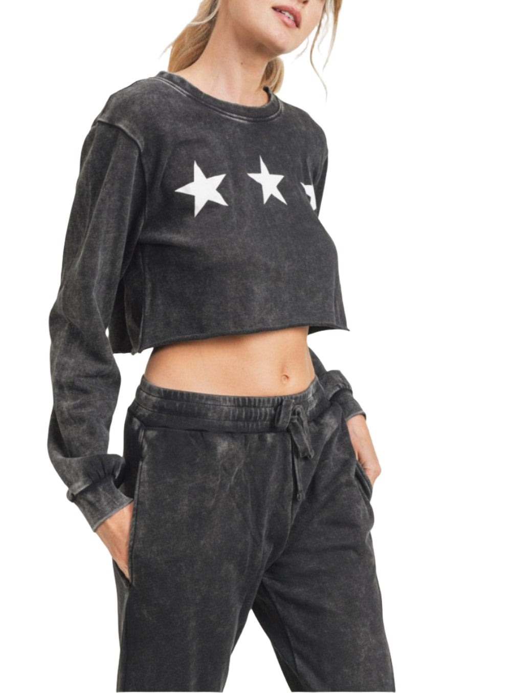 Mono B Triple Stars Terry Cropped Hoodie KT11612 - Black - Side View