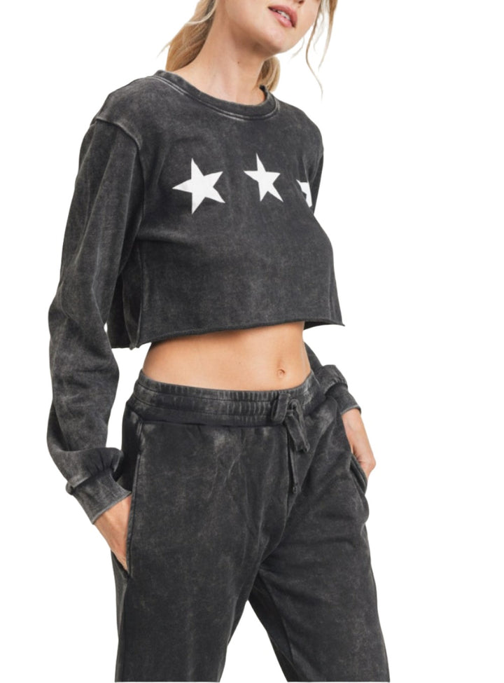 Mono B Triple Stars Terry Cropped Hoodie KT11612 - Black - Side View
