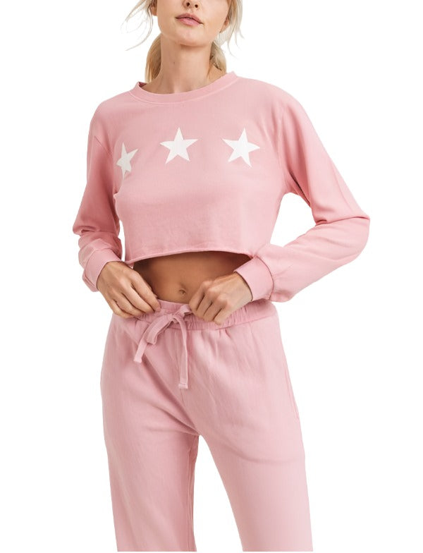 Mono B Triple Stars Terry Cropped Hoodie KT11612 - Pink - Front View