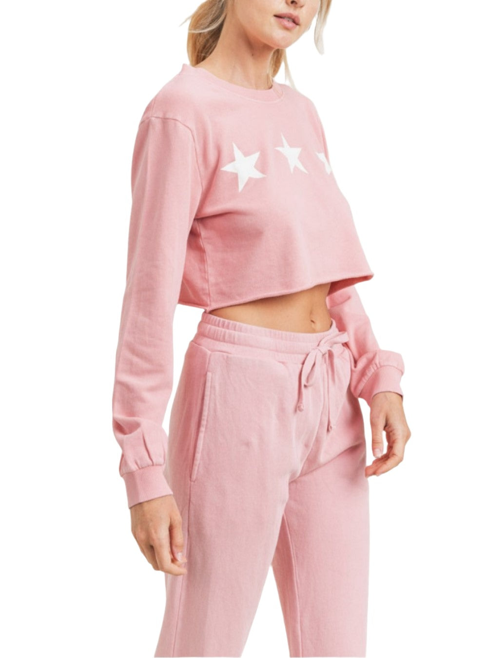 Mono B Triple Stars Terry Cropped Hoodie KT11612 - Pink - Side View