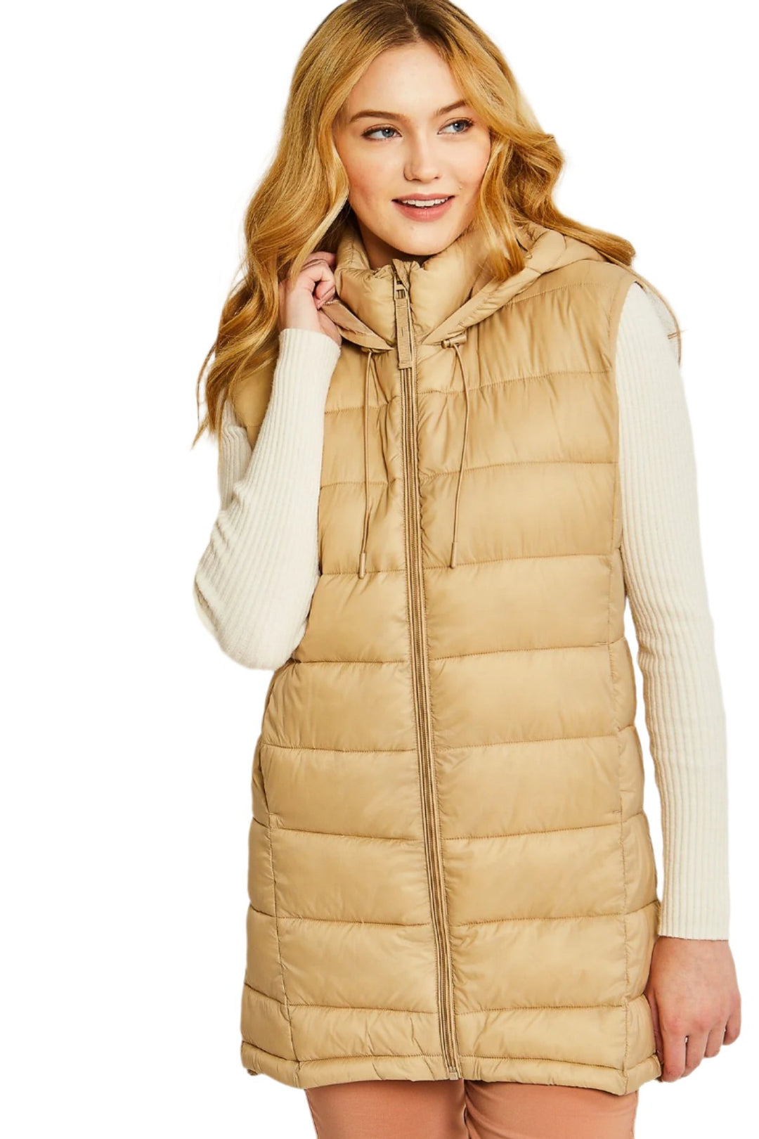 Love Tree Hoodie Puffer Vest - Khaki - Front View