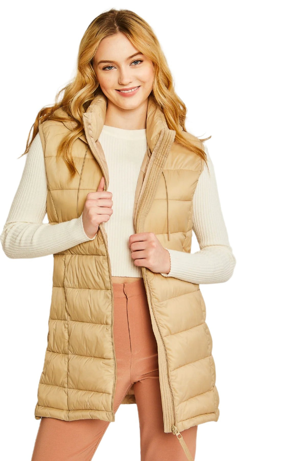Love Tree Hoodie Puffer Vest - Khaki - Front View