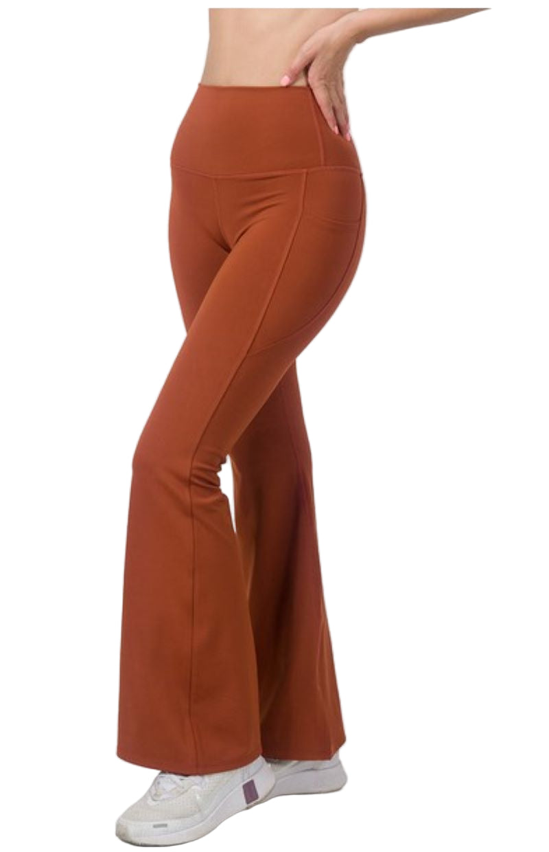 Zenana Wide Waistband Flare Pant with Pocket - Deep Camel - Side View