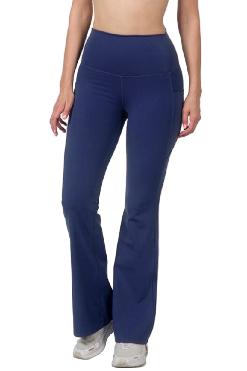 Zenana Wide Waistband Flare Pant with Pocket - Navy - Front View