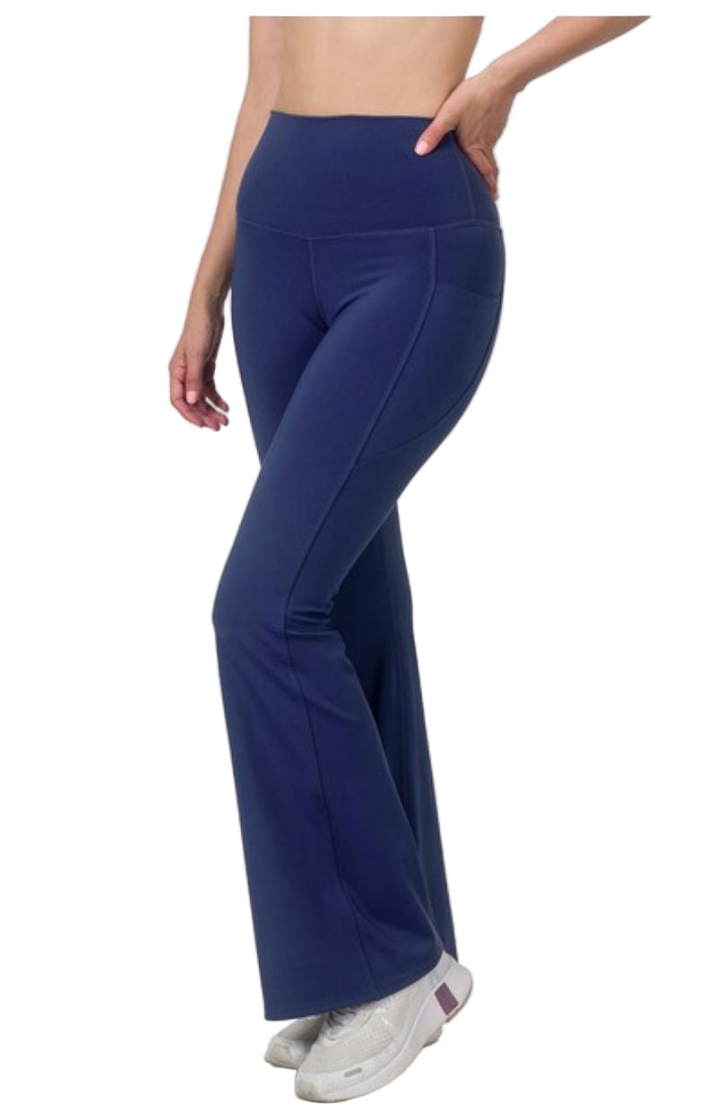 Zenana Wide Waistband Flare Pant with Pocket - Navy - Side View