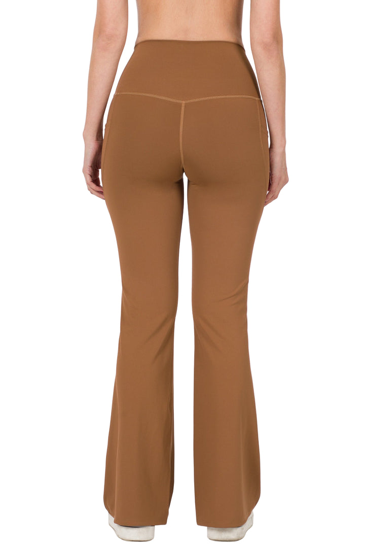 Zenana Wide Waistband Flare Pant with Pocket - Deep Camel - Back View