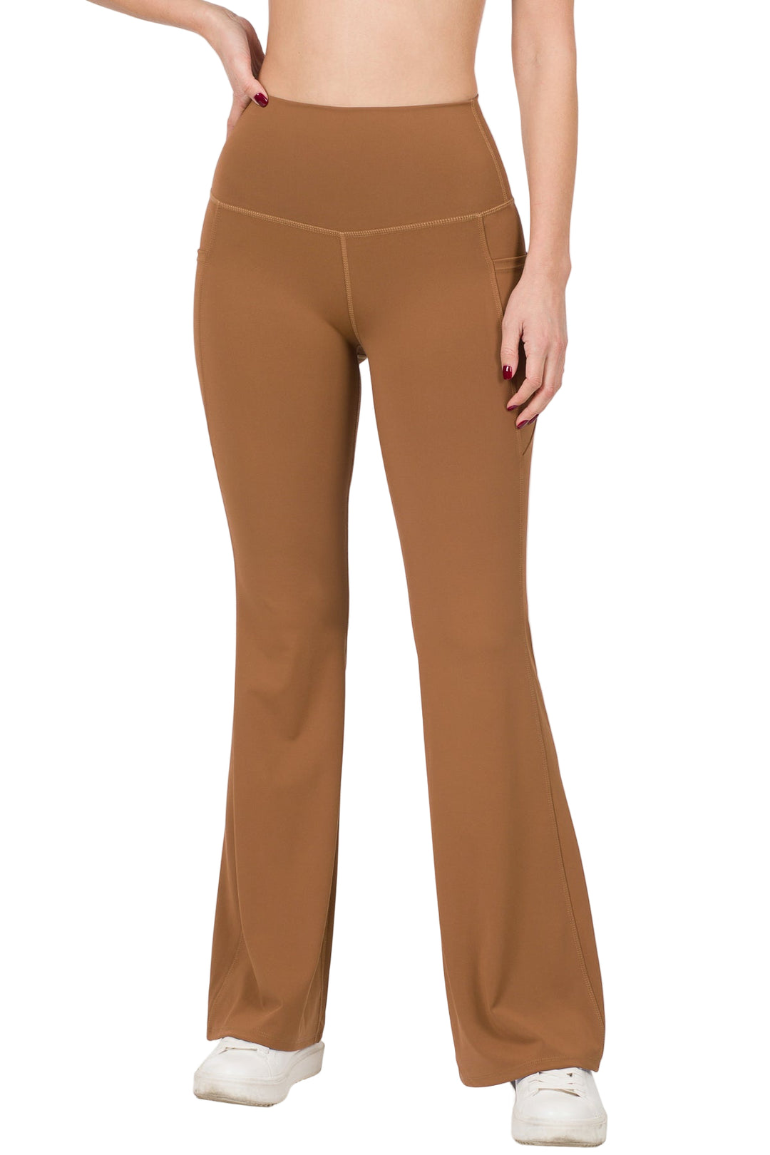 Zenana Wide Waistband Flare Pant with Pocket - Deep Camel - Front View