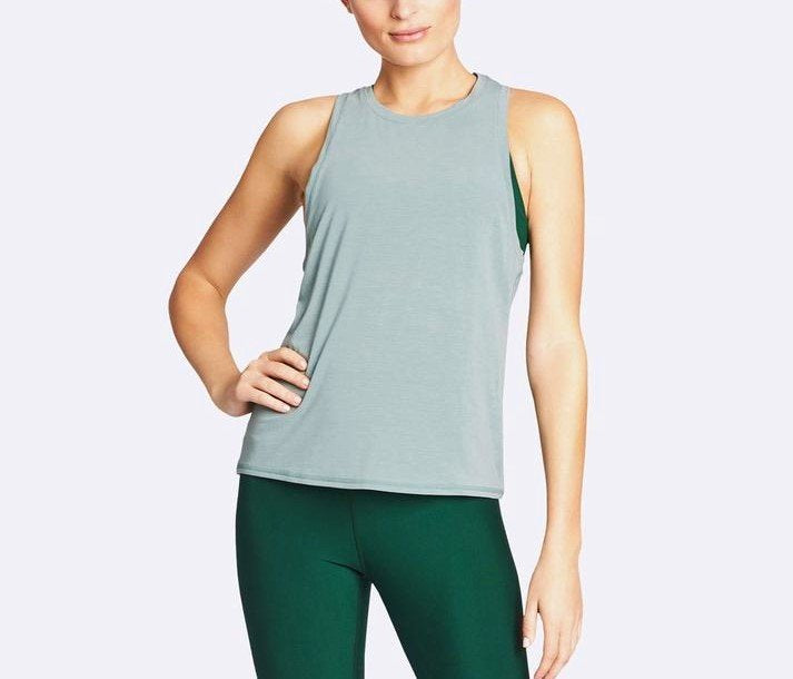 onzie hot yoga front tank double twist back top 3602 - Sage -  front view