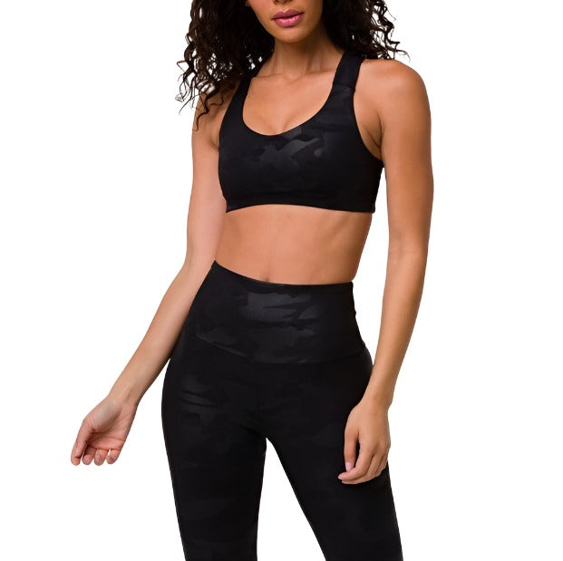 Onzie Hot Yoga Half Moon Bra 3700 - Black Camo Foil - front view