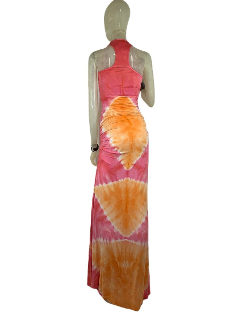 E-Motions Ruched Side Maxi Dress Pink Orange Diamond Tie Dye - rear view