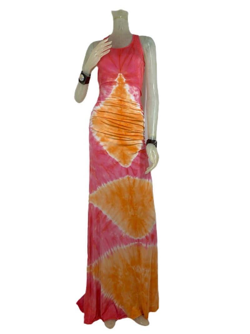 E-Motions Ruched Side Maxi Dress Pink Orange Diamond Tie Dye - front view