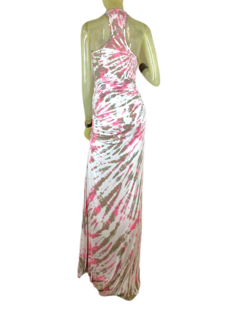 E-Motions Ruched Side Tie Dye Maxi Dress Pink Tan Tiger TD - rear view
