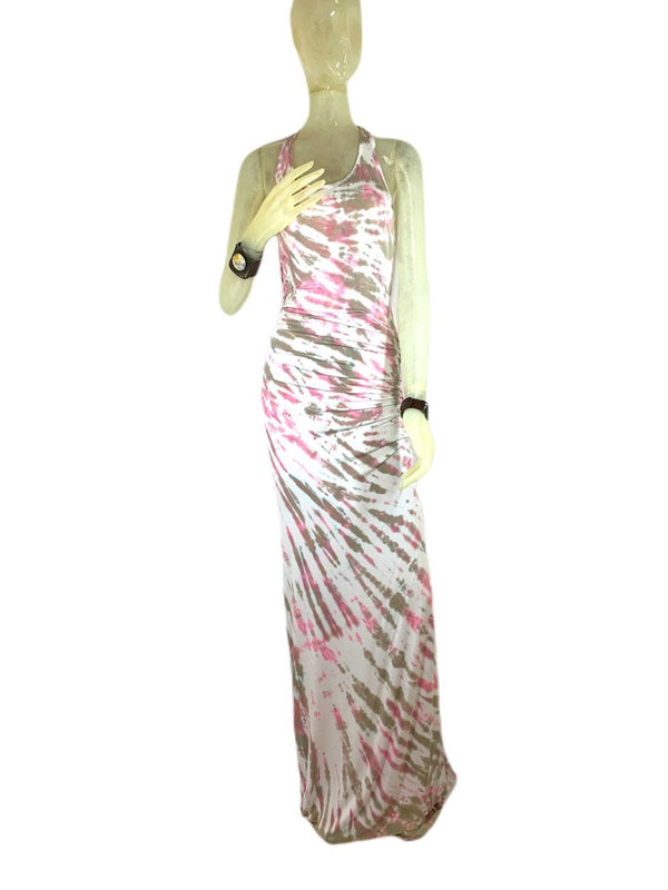 E-Motions Ruched Side Tie Dye Maxi Dress Pink Tan Tiger TD - front view