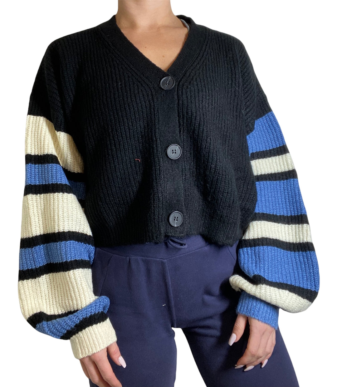 TMD Ivory/Blue Piper Balloon Sleeve Cardigan