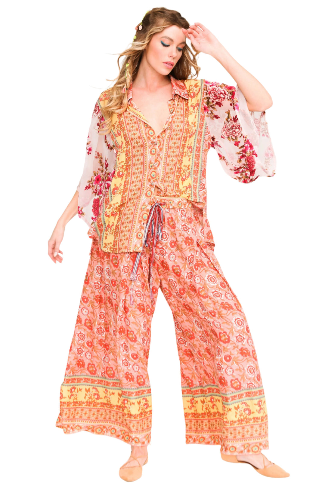 Aratta Silent Journey Roses Palazzo Pants - Roses - Front Full View